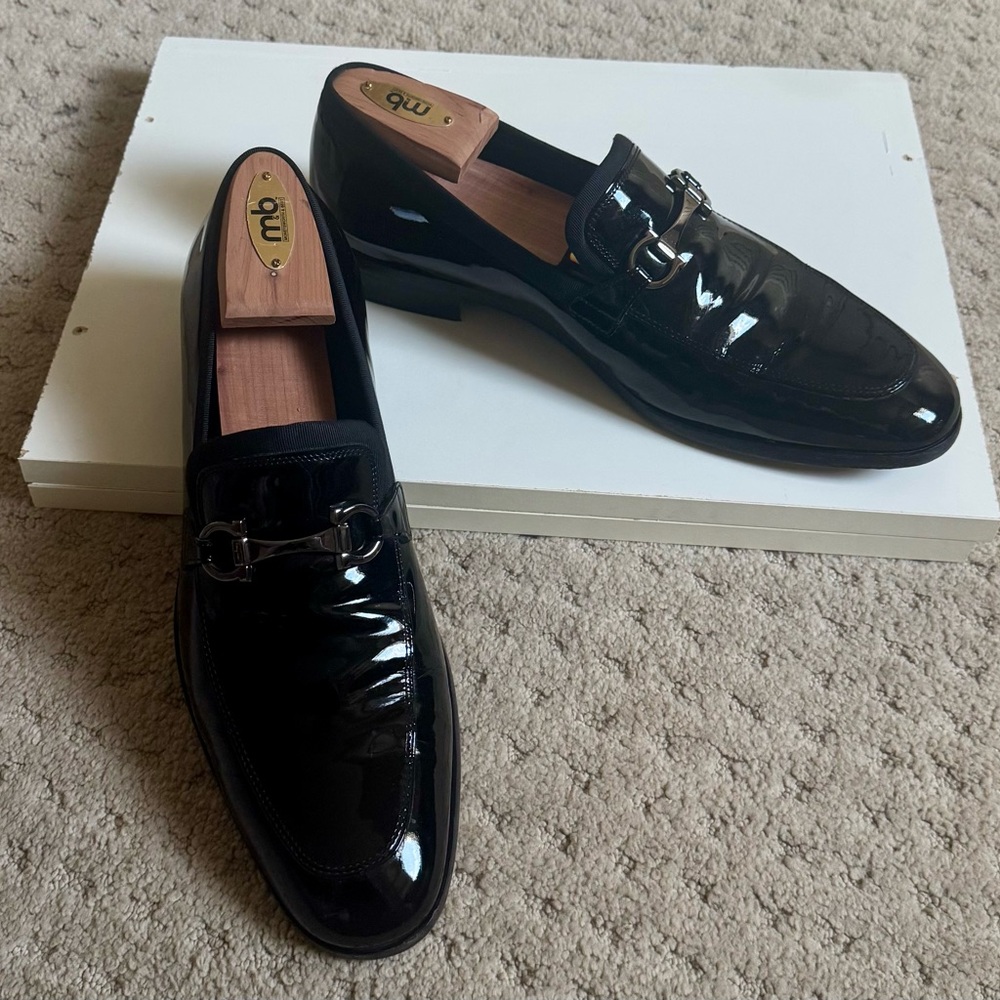Ferragamo black patent horsebit loafers